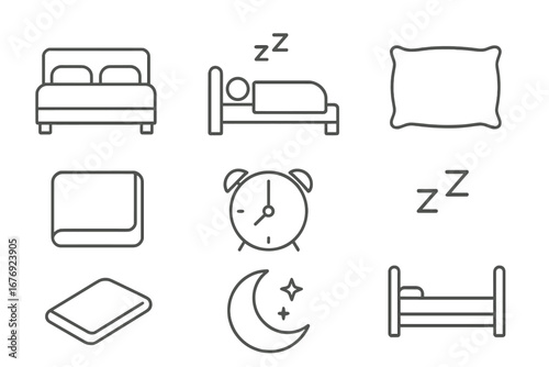 Sleep icon set for bedtime and rest. Line art symbols for night, dream, and insomnia concepts. Vector illustration with bed, pillow, alarm clock, moon. Editable stroke.