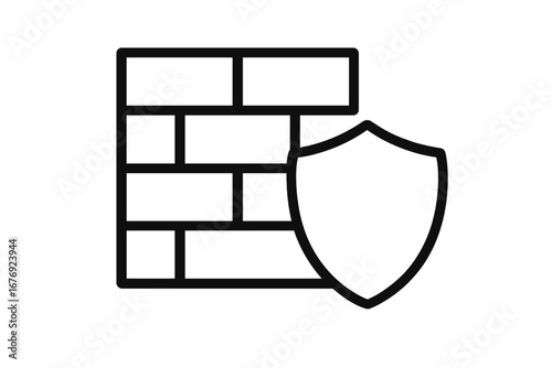 Firewall security concept. Brick wall and shield icon. Metaphor for protection, safety, data privacy, defense and cybersecurity. Antivirus software pictogram for web design.
