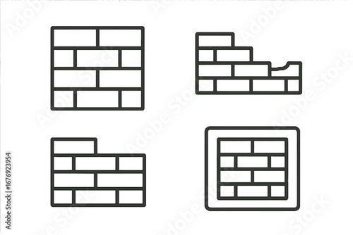 Brick wall line icon collection. Vector symbols of brickwork, masonry, and construction. Editable stroke graphic elements for building industry. Outline barrier and boundary sign.