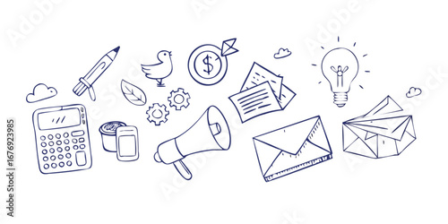 Business concept doodles with blue outlines finance