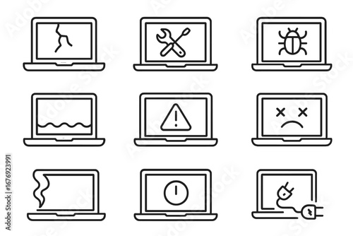 Broken laptop computer line icon set. Device repair service outline signs. Vector icons for cracked screen, virus bug, water damage, system error, warning alert, and power failure.