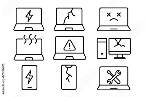 Broken device thin line icon set. Laptop and phone repair outline signs. Computer service, maintenance pictogram. Damaged screen, overheating, battery problem vector symbol.