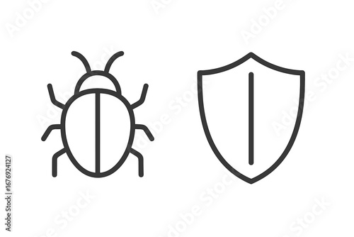 Cybersecurity concept with bug and shield line icon. Antivirus, firewall, and data protection symbol. Computer virus, malware, spam defense. Internet security vector illustration.
