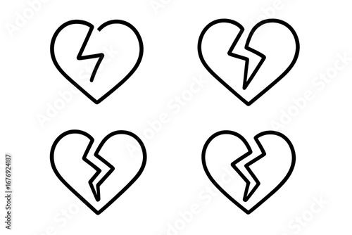 Broken heart icon set. Simple line art symbol of heartbreak, love pain, and divorce. Vector illustration for concepts of sadness, relationship problems, sorrow and crisis.