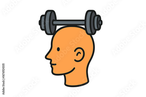 Mental strength and willpower concept. Dumbbell on head silhouette. Brain training, psychology, and resilience metaphor. Mental health and intellectual fitness. Strong mind idea.