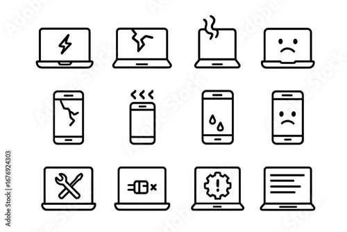 Broken device line icon pack. Laptop and phone repair outline signs. Electronic gadget damage, malfunction, error, and service concepts. Vector illustration for web and apps.