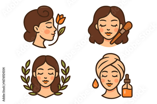 Woman beauty and skincare icon set. Face with flower, makeup brush, cosmetic serum oil, and laurel. Vector logo concept for spa, natural products, and self-care routine.