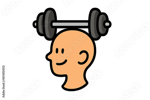 Mental strength, resilience, willpower concept. Head balancing a barbell icon. Metaphor for mind power, brain training, psychology, intellectual health, and overcoming stress.