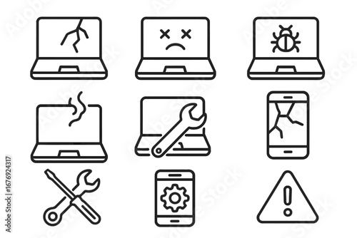 Broken device and computer repair line icon set. Vector outline signs for technical service, mobile phone and laptop diagnostics, software virus bug, and hardware failure.