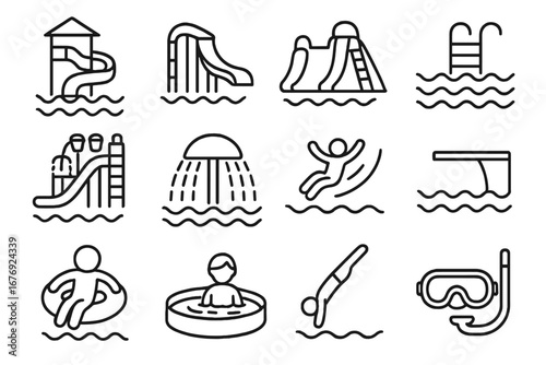 Water park and aquapark line icon set. Summer swimming pool, water slide, and diving activity symbols. Vector outline graphic elements for web design, apps, and infographics.