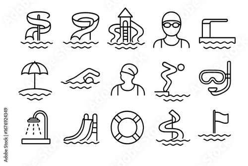 Water park and swimming pool line icon set. Collection of outline pictograms for summer vacation, aquapark fun, waterslides, and recreation activities. Vector graphic signs.
