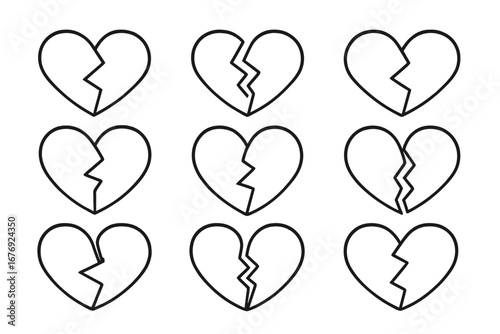 Broken heart outline icon set. Sadness, heartbreak, and divorce concept. Vector symbol of a love crisis, loneliness, and depression. Simple pictogram for web and print.
