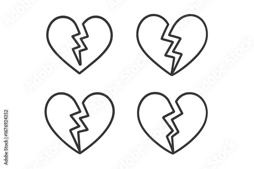 Broken heart outline icon collection. Symbol of heartbreak, divorce, parting, sadness. Concept of relationship crisis, love problems, sorrow. Linear vector design element.
