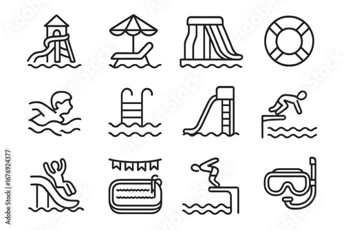 Water park and swimming pool line icon set. Summer vacation and aquatic activity symbols. Vector outline pictograms for web and graphic design. Includes slide, diving, swimming.