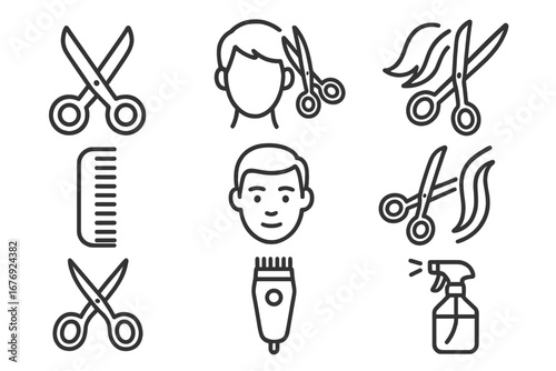 Barbershop vector icon collection. Haircut and hairstyle line icons set. Male grooming symbols. Scissors, comb, clippers, razor, spray bottle. Outline signs for beauty salon.