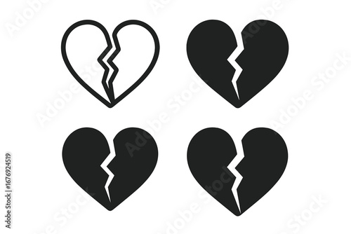 Broken heart icon set. Symbol of heartbreak, divorce, separation and lost love. Concept of sadness, grief and pain. Unhappy valentine. Relationship problem. Vector icons.