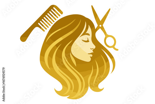 Hair salon logo with beautiful woman face silhouette. Golden scissors and comb for hairdresser. Beauty spa icon. Vector illustration for hairstylist, coiffure, and haircut.