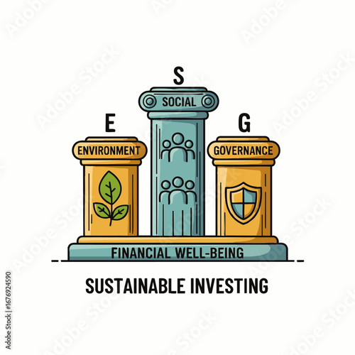 This clear illustration depicts Environment, Social, and Governance (ESG) pillars, emphasizing their role in sustainable investing and financial well-being.