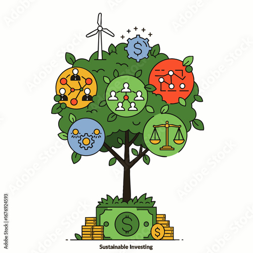 This insightful illustration effectively visualizes sustainable investing, highlighting environmental, social, and governance principles for ethical financial growth.