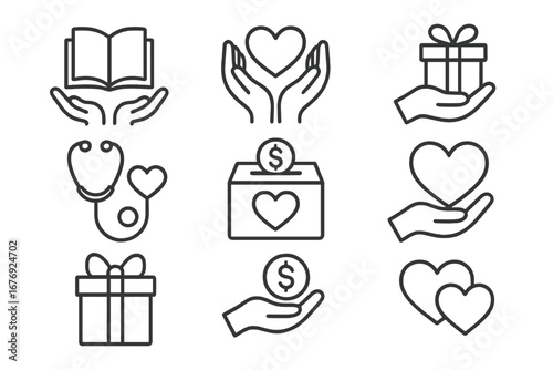 Charity, Gift, Donate, Care, and Health Vector Icon Bundle. Line Art Signs for Education, Medical, Financial Charity, Nonprofit, Web, App, Social Media, Graphic Design, Gift Giving, Volunteering