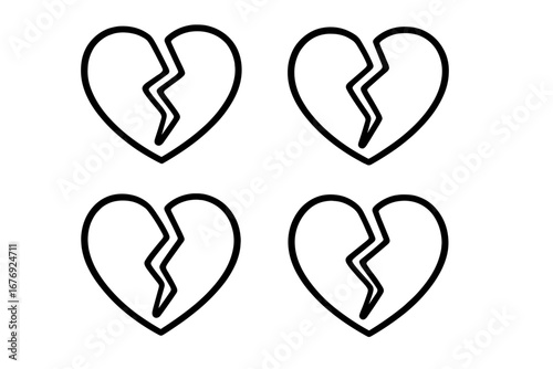 Set of broken heart icons. Metaphor for heartbreak, divorce, sadness. Vector outline symbol for lost love, relationship problems. Concept of grief, pain, and loneliness. Simple line art.