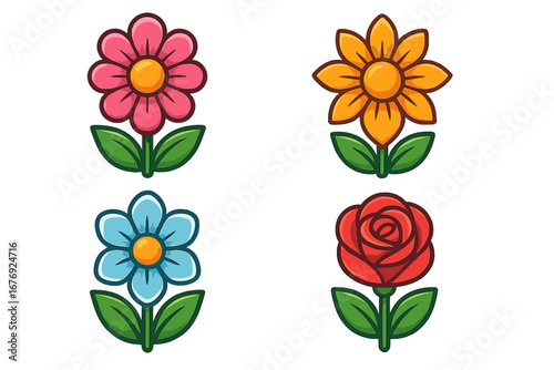 Set of cute cartoon flower icons. Vector illustration collection with simple flat design. Includes rose, sunflower, and daisy. Floral nature graphic elements for kids.
