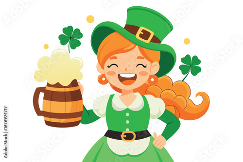 Happy st patricks day girl with beer and shamrock