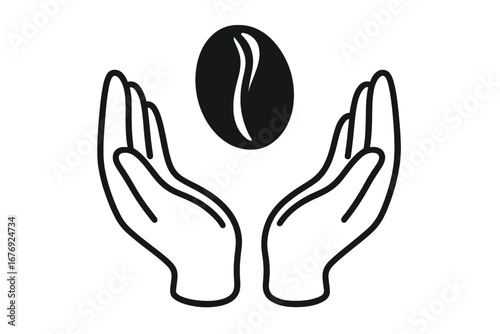 Hands holding a coffee bean. Logo concept for coffee shop, cafe, or brand. Vector icon for natural, organic, fair trade coffee. Agriculture and harvest symbol illustration.