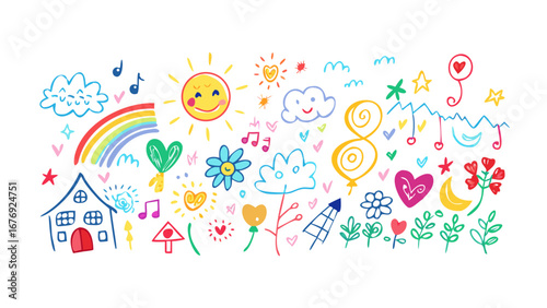 Cheerful doodle art with sun rainbow and flowers colorful