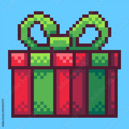Festive gift box icon designed in retro pixel art style. This 8-bit illustration features a present wrapped in red and green stripes with a large green bow, perfect for holiday celebrations.