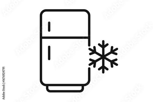 Refrigerator and snowflake line icon. Cold storage, freezer, and cooling concept. Vector illustration for kitchen appliance, food preservation, and grocery symbols. Minimalist outline design.