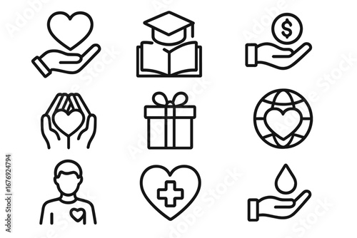 Charity and Donation Line Icon Set. Love, Giving, Healthcare, Fundraising, Blood Donation, Education, Volunteer, Global Aid, Hand with Heart, Gift Box, Social Responsibility, Vector Illustration