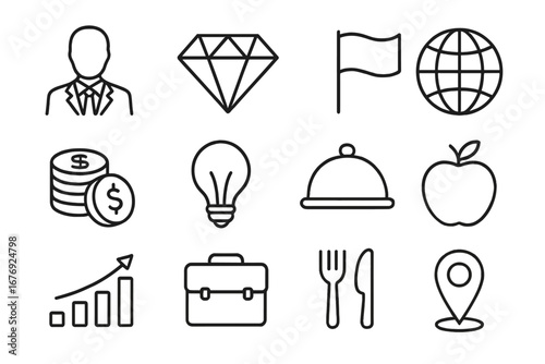 Business success universal icon collection. Thin line icons for finance, ideas, food, and location. Vector set with editable stroke. Diamond, globe, money, briefcase pictogram.