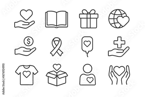 Charity, Donation and Volunteering Thin Line Icon Set. Heart, Gift, Global Aid, Book, Healthcare, Awareness Ribbon, Blood Donation, Fundraising, Community Support Vector for Web, App, Print