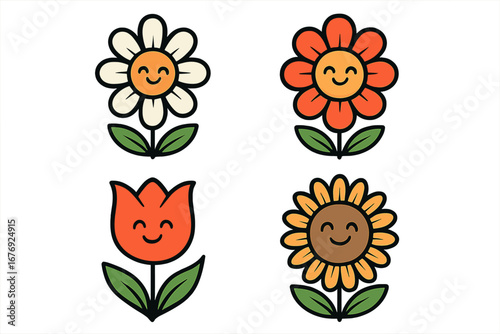 Set of cute cartoon flower characters. Kawaii smiling daisy, tulip, and sunflower mascots. Happy spring garden plant vector illustration collection for kids. Nature icon pack.