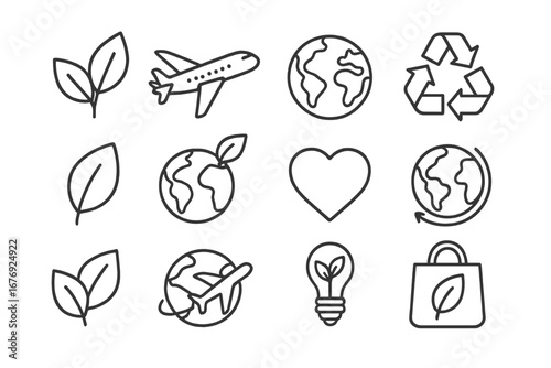 Eco-friendly line icon set for sustainability and green energy. Includes planet earth, recycling symbol, leaf, and sustainable travel icons for web and graphic design. Vector.