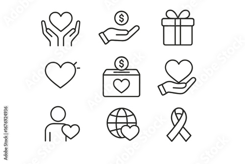Charity and Donation Thin Line Icon Set. Heart, Giving, Volunteer, Fundraising, Gift, Awareness Ribbon, Support, Health, Money Box, Humanitarian Aid, Global Help. Vector Illustration.