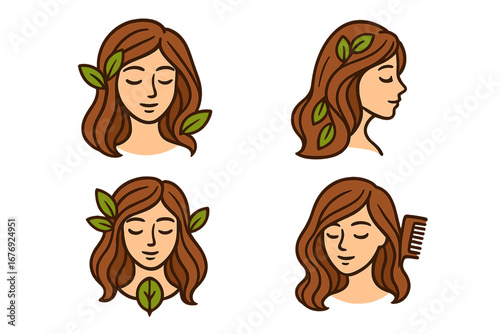 Natural beauty hair salon logo set. Woman face with leaves for organic cosmetics and spa. Vector cartoon hairstyle illustration. Wellness, skincare, eco friendly concept emblem design.