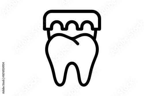 Dental crown installation icon. Tooth restoration procedure symbol. Dentistry, stomatology, oral health care concept. Molar treatment linear pictogram for web, apps. Vector.