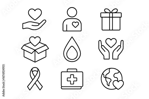 Charity, Donation, Gift, and Social Care Thin Line Icon Set. Outline Vector Symbols for Volunteer Help, Healthcare, Blood Donation, Support, Nonprofit, Awareness, Aid, Community, Web, Apps