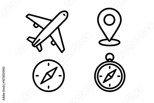 Travel and navigation line icon set. Airplane, location pin, and compass symbols for web design and apps. Vector outline signs for tourism, transport, and direction finding.