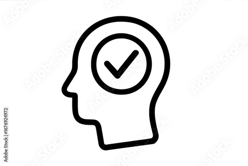 Head with checkmark icon for positive mindset. Mental health, approved thinking, and success concept. Verified idea, correct solution, completed task. Psychology vector art.