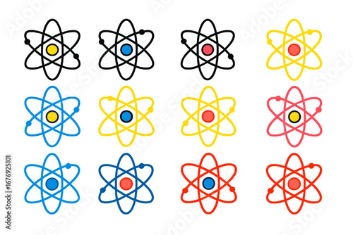 Colorful atom icon set. Science, physics and chemistry symbol. Vector flat minimal line pictogram bundle. Nuclear energy, particle, molecule, research, technology graphic element.