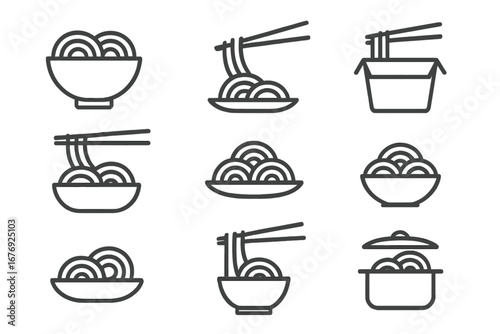 Noodle icon set. Asian food linear pictograms. Ramen, pasta, soba in bowl, plate, and takeout box. Chopsticks holding noodles. Vector symbols for restaurant menu, web, apps.