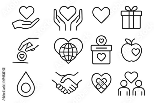 Charity donation and gift outline icons set. Hand with heart, donation box, globe, gift box, handshake, apple, healthcare, giving, kindness, help, compassion, vector line illustration collection