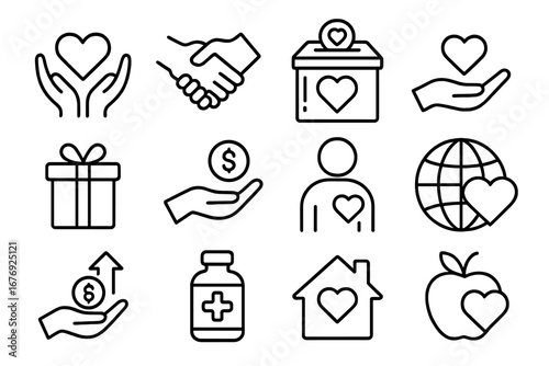 Charity Donation Volunteering Healthcare Gift Line Icons Set. Outline Web App Symbols for Nonprofit Support, Fundraising, Handshake, Gift Box, Medical Help, Global Aid, Wellness, Heart Care Designs