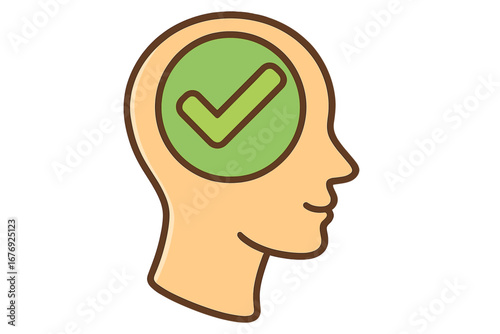Positive mindset and mental health concept. Head silhouette with a checkmark icon for success, approval, and task completion. Psychology and well-being vector illustration.