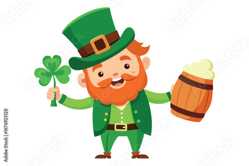 Cartoon leprechaun with clover and beer barrel