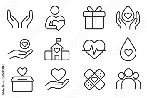 Charity donation gift icons set. Line symbols for volunteer, philanthropy, healthcare, education, fundraiser, giving, hope, heart, box, blood, community, social aid. Editable vector illustration.