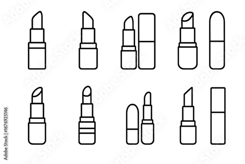 Lipstick line icon set. Minimal outline cosmetic and beauty symbols. Makeup glamour fashion pictogram collection for web design, apps, UI, UX. Vector illustration.